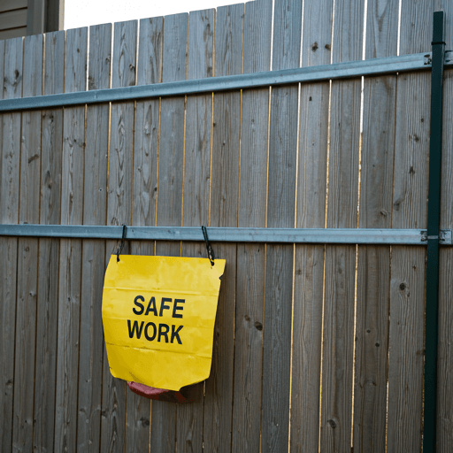 An erected fence panel with a a yellow sign attached saying "Safe Work"
