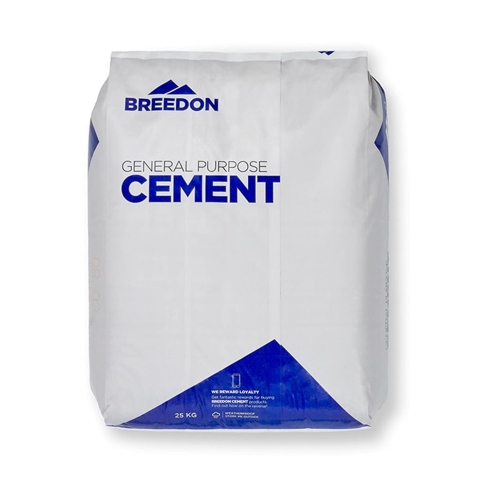 An image showing a bag of general purpose cement, the bag is white and blue with the text general purpose cement