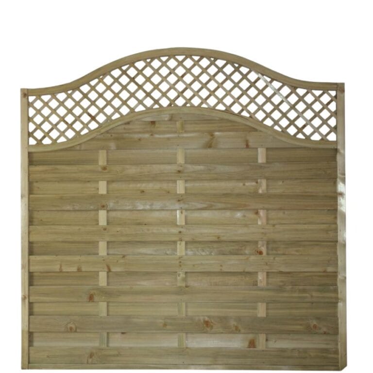 An omega lattice fence panel, shown with with lattice top standing upright on a plain background.