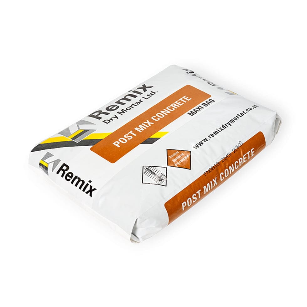 An image showing a bag of post mix concrete the bag is white and orange with the text post mix concrete
