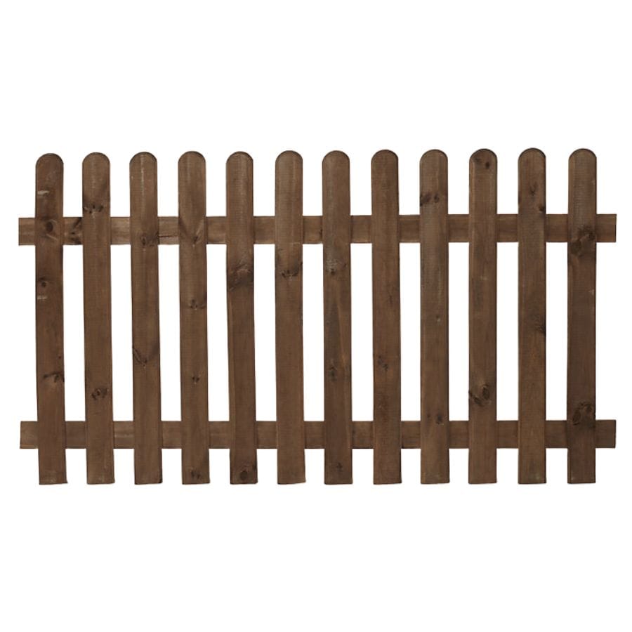A picket fence with curved top finish in a brown finish.
