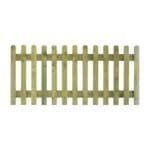 A picket fence with curved top finish in a natural finish.
