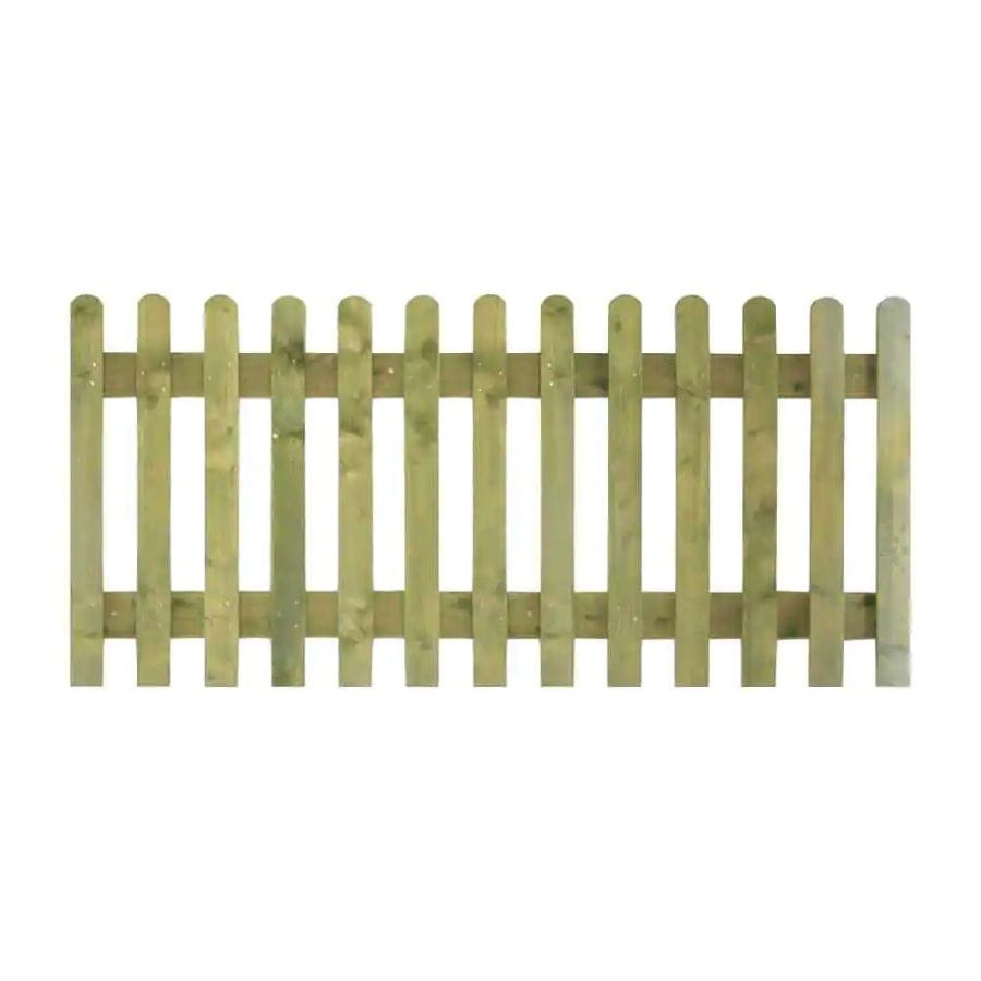 A picket fence with curved top finish in a natural finish.