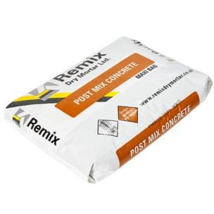 An image showing a bag of post mix concrete the bag is white and orange with the text post mix concrete