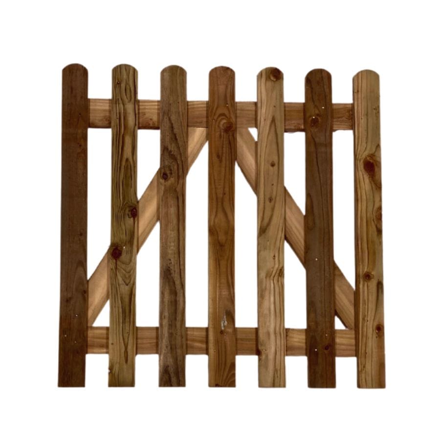 A picket gate in a brown finish showing curved top finish.