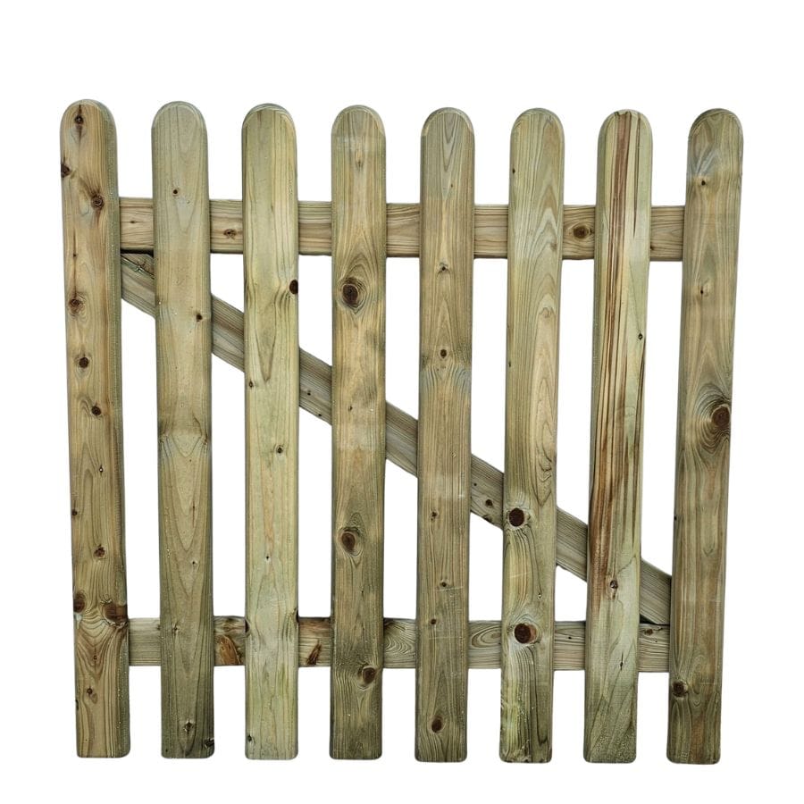 A picket gate in a natural finish showing curved top finish.