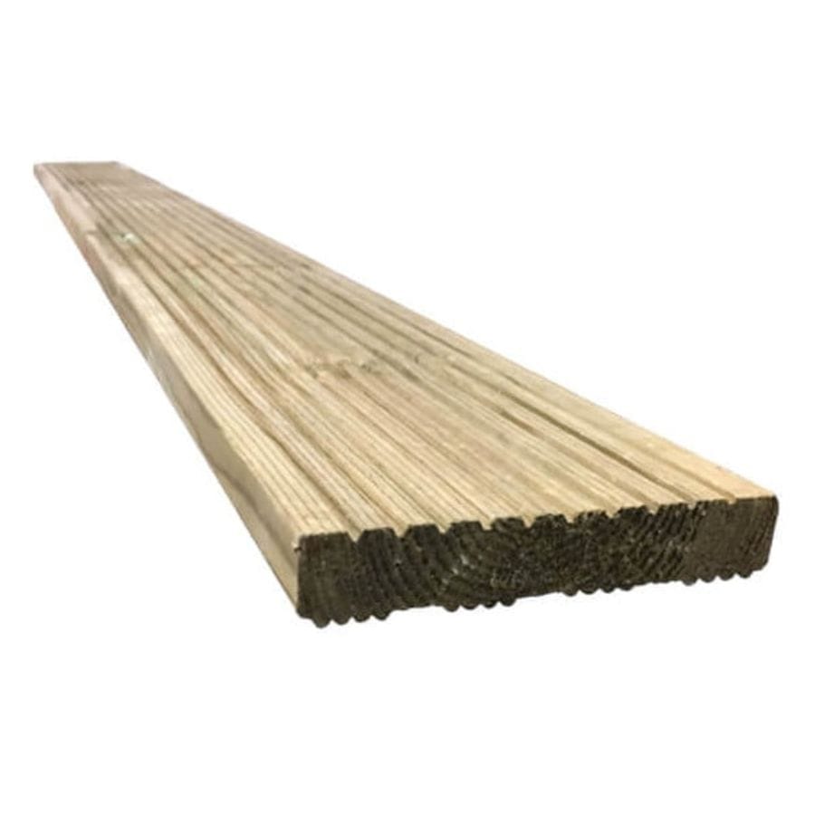 A decking board with grooved lines in a natural timber light finish